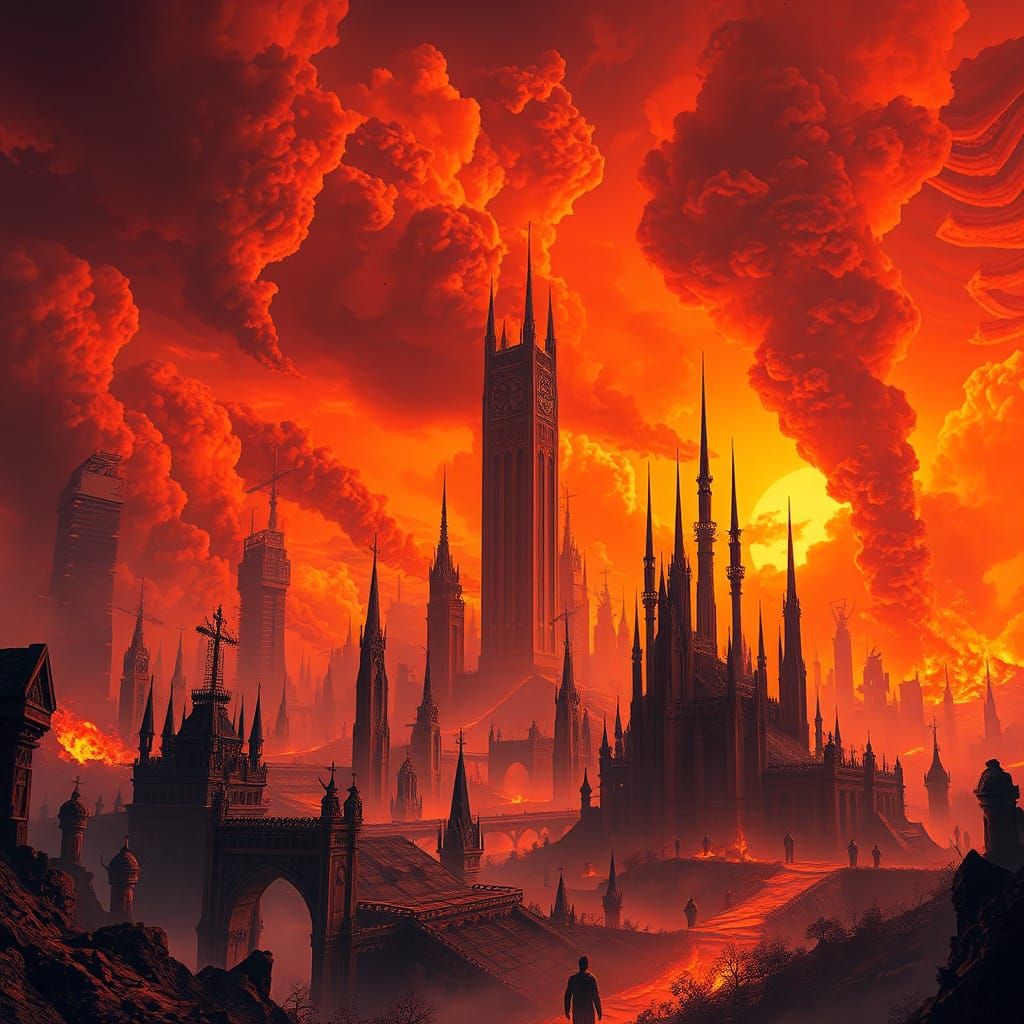 Hellish Gothic Landscape with Burning Skyscrapers