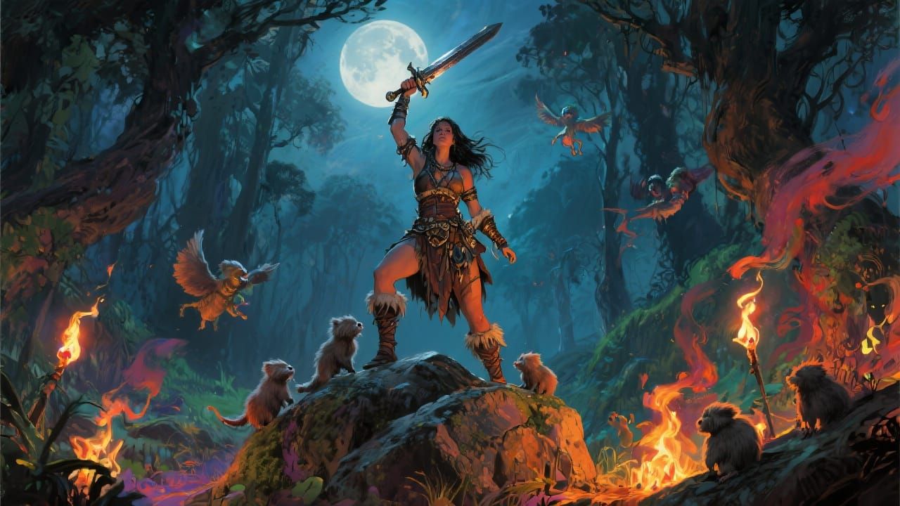 Barbarian Woman in Enchanted Forest, Sword and Sorcery Art