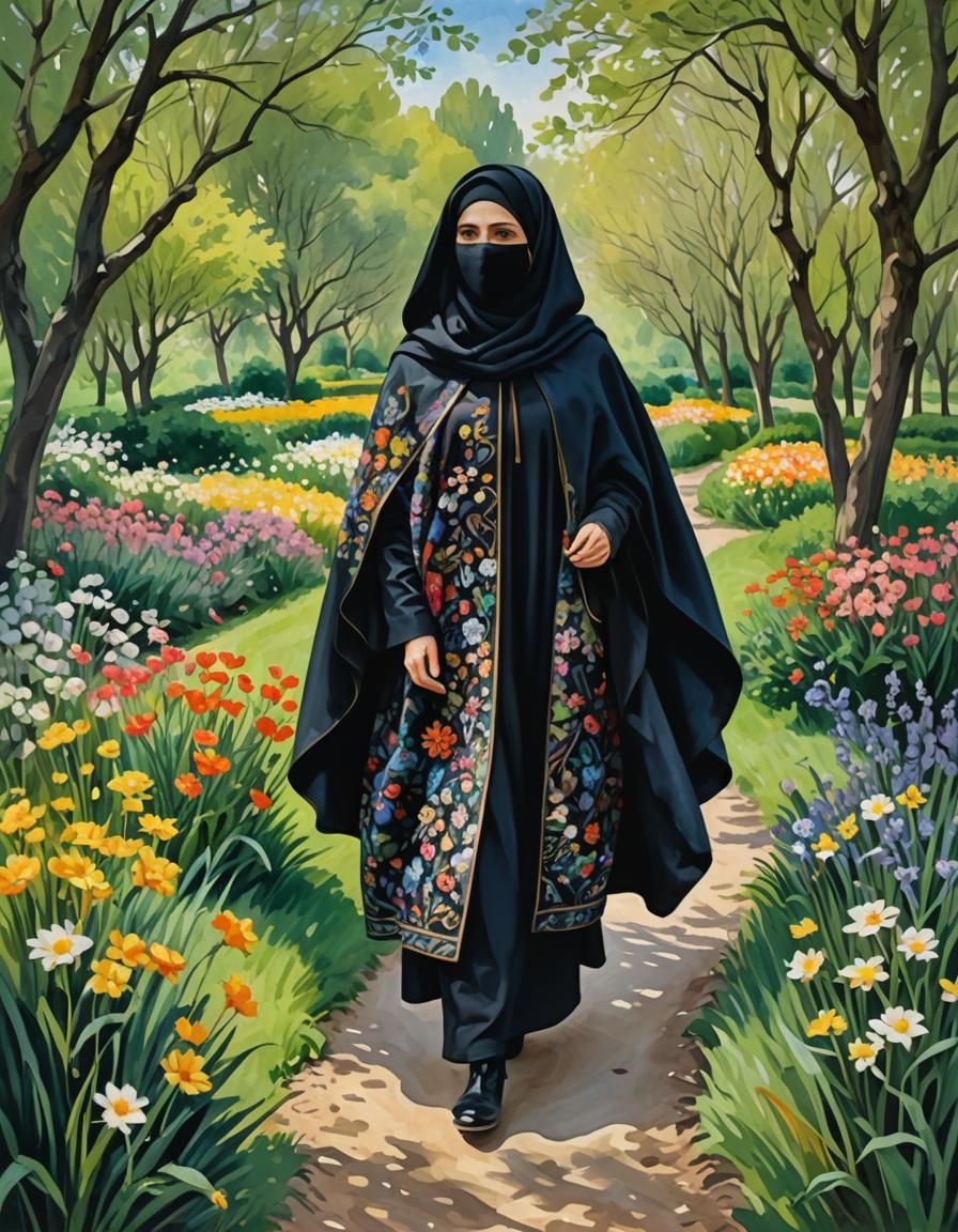Woman in Niqab Strolling Through Spring Landscape as Gouache...