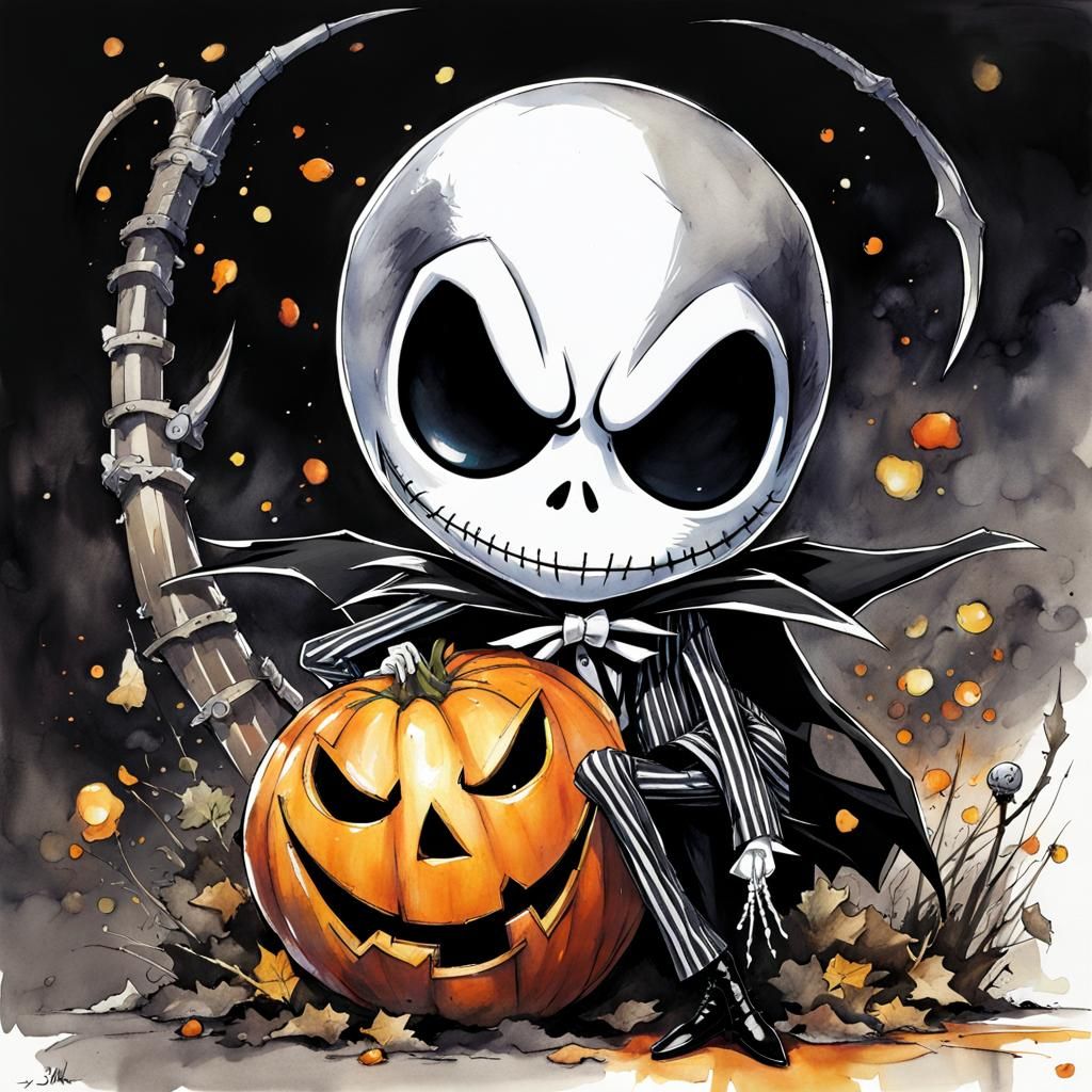 Chibi Jack Skellington Manga Watercolor Art