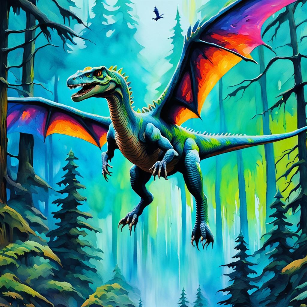 Flying Dinosaur in Misty Forest Street Art