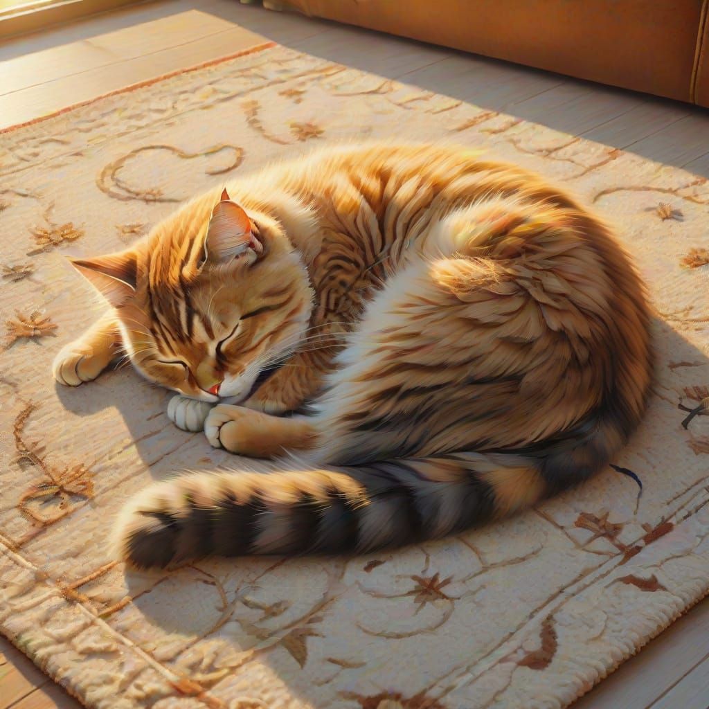 Surreal Cat Sleeping in Golden Hour Sunrise Oil Painting