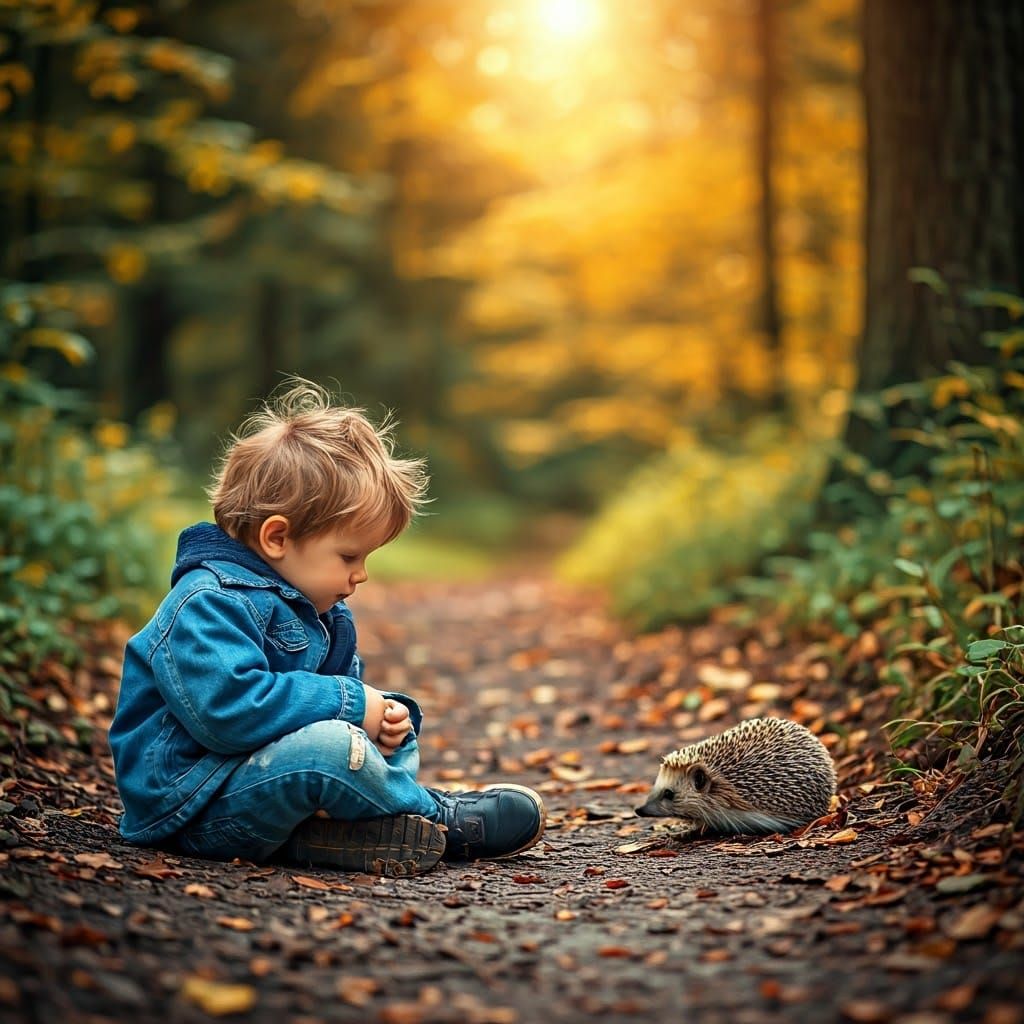 Boy and Hedgehog in Autumnal Forest