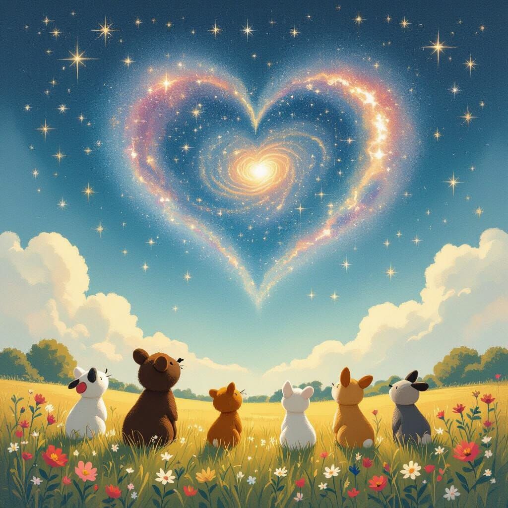 Animals Gaze at Heart Galaxy in Dreamy Style