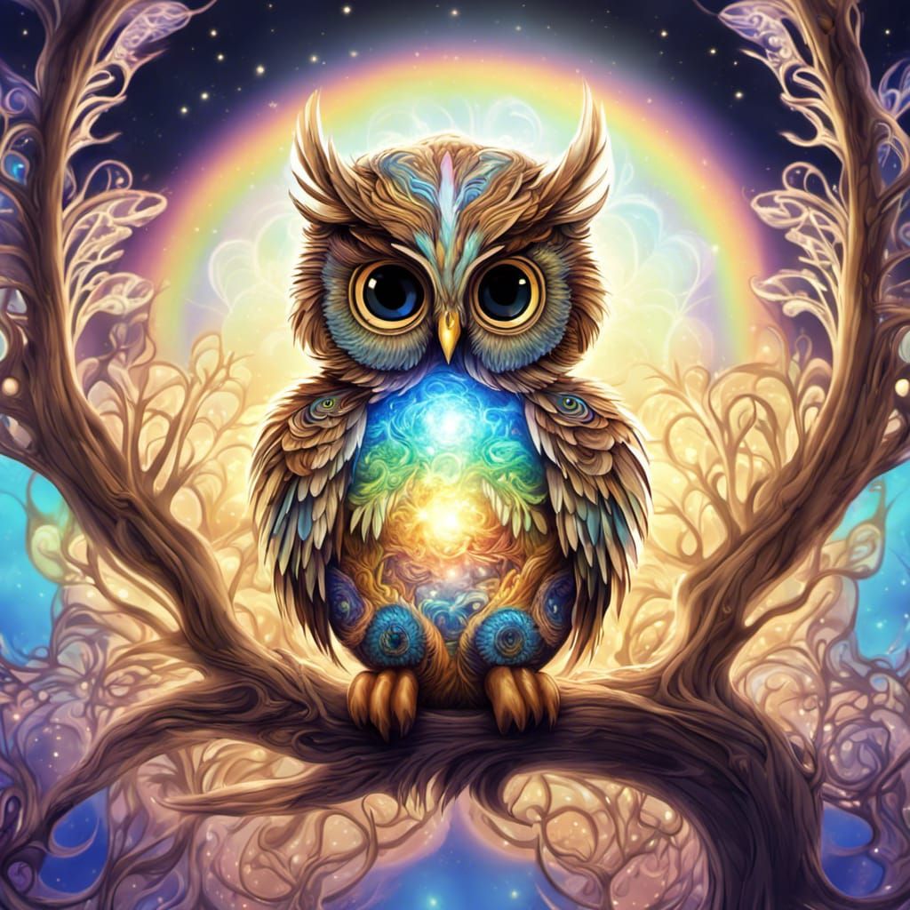 Hatching Chibi Owls in Bioluminescent Fractal Nest