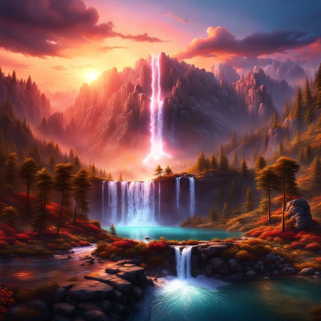 Magical Mountain Sunset with Glowing Lake
