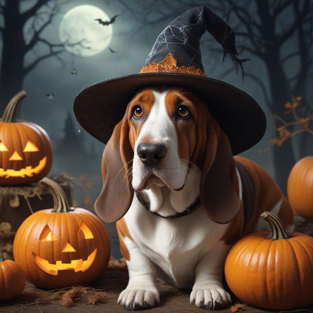 Halloween Basset Hound in Gothic Style