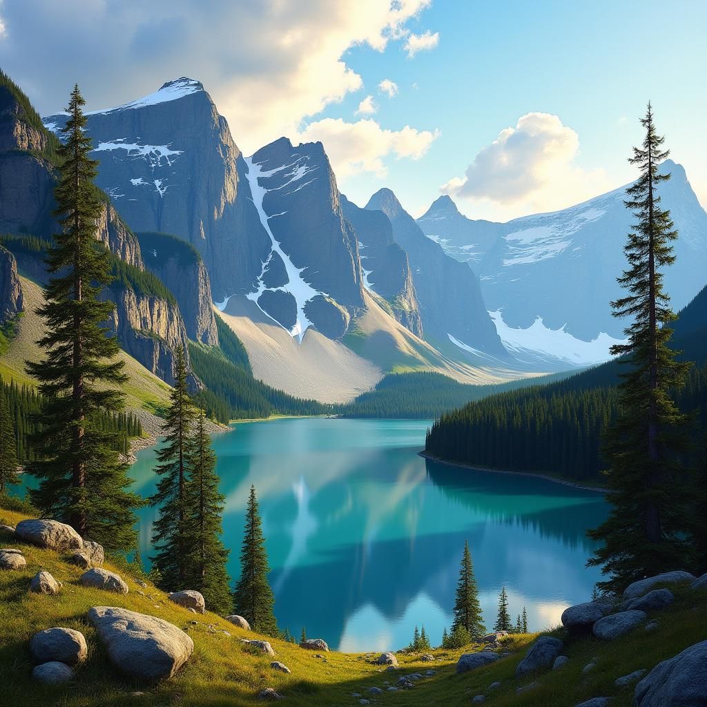 Majestic Mountains: Golden Light in Romantic Style