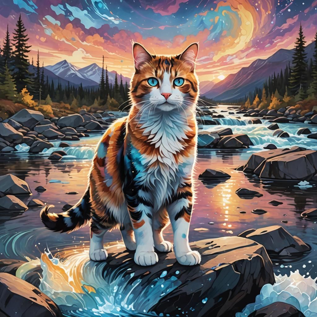 Calico Cat in Cosmic Mixed Media Illustration