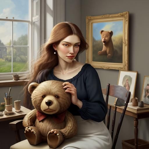 Kind Bear with Young Artists in Animated Portrait