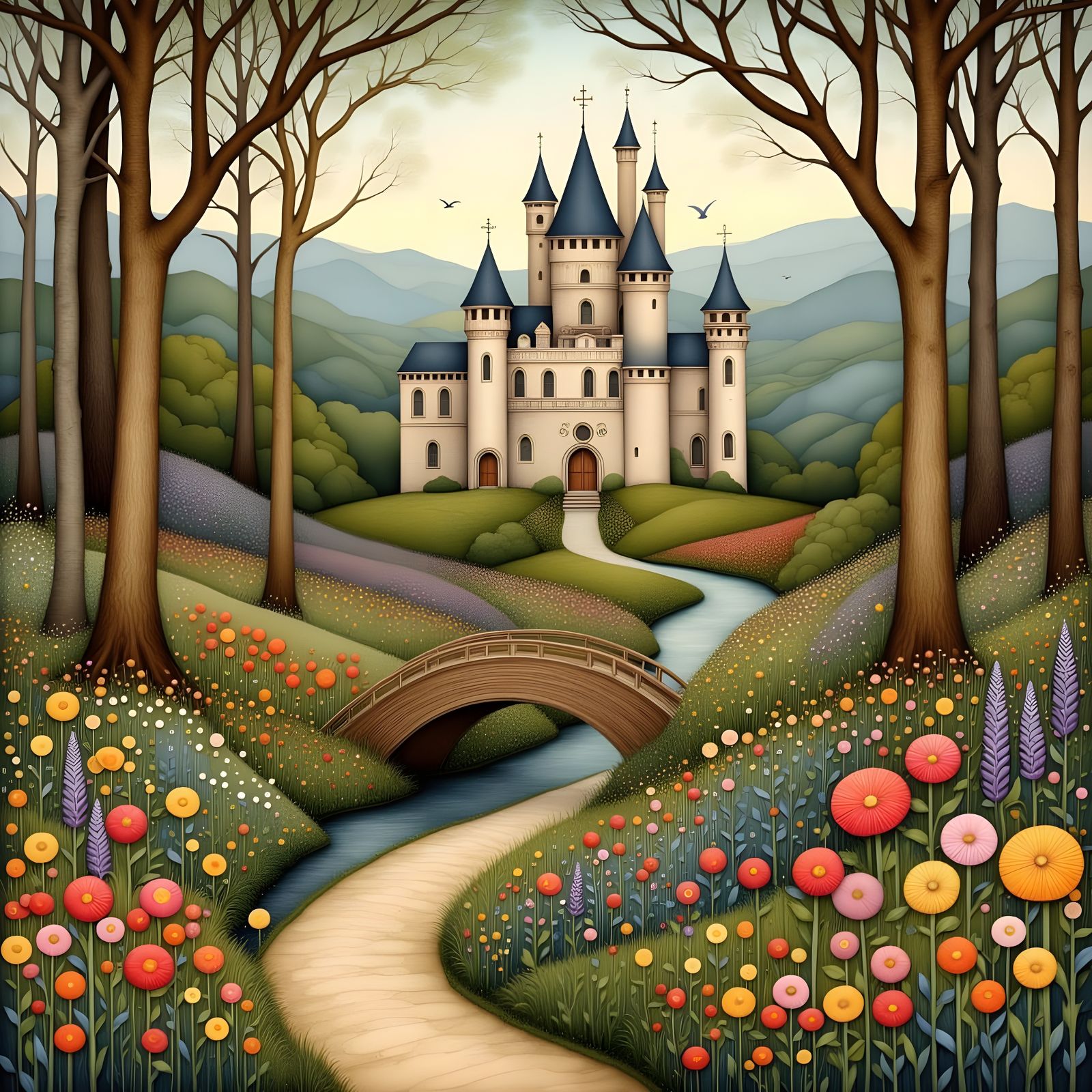 Whimsical Folk Art Nouveau Storybook Castle