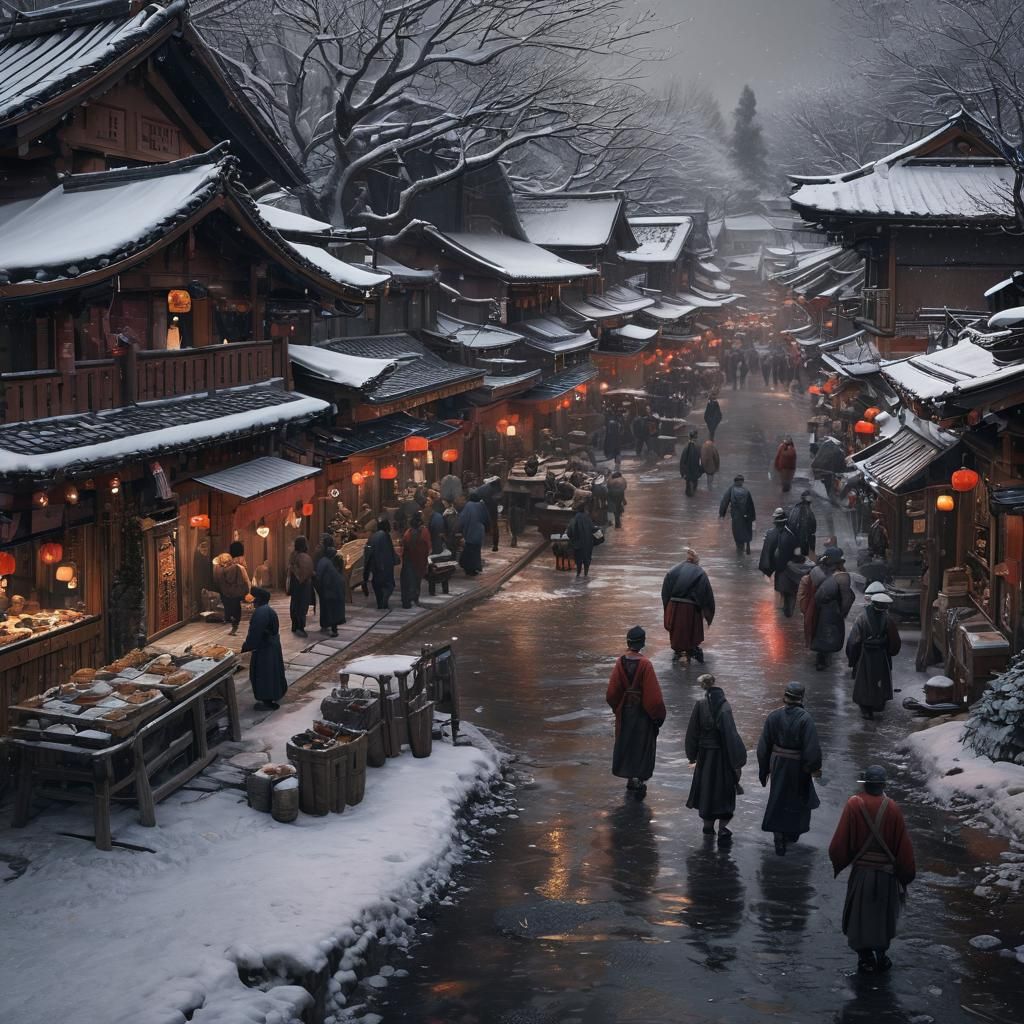 Feudal Japan Village Market in Hyperrealistic Style