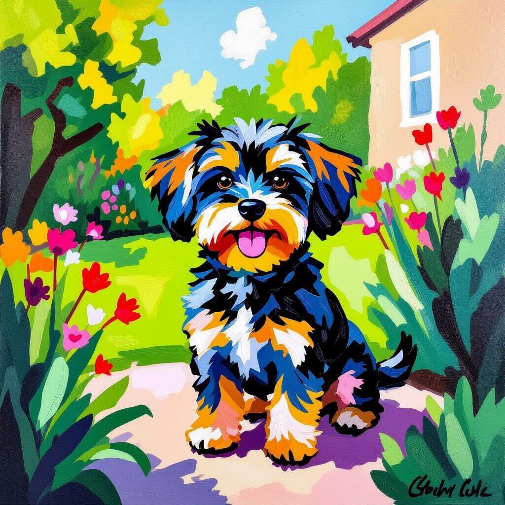 Colorful Oil Painting of Buxus Dog in Garden