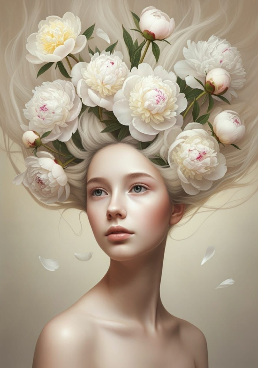 Surreal Young Woman Transforms into Ethereal White Blooms am...