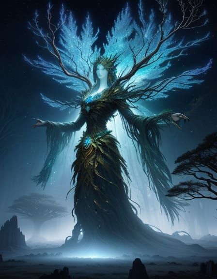 Ancient Tree Spirit with Opal Bark and Crystal Branches