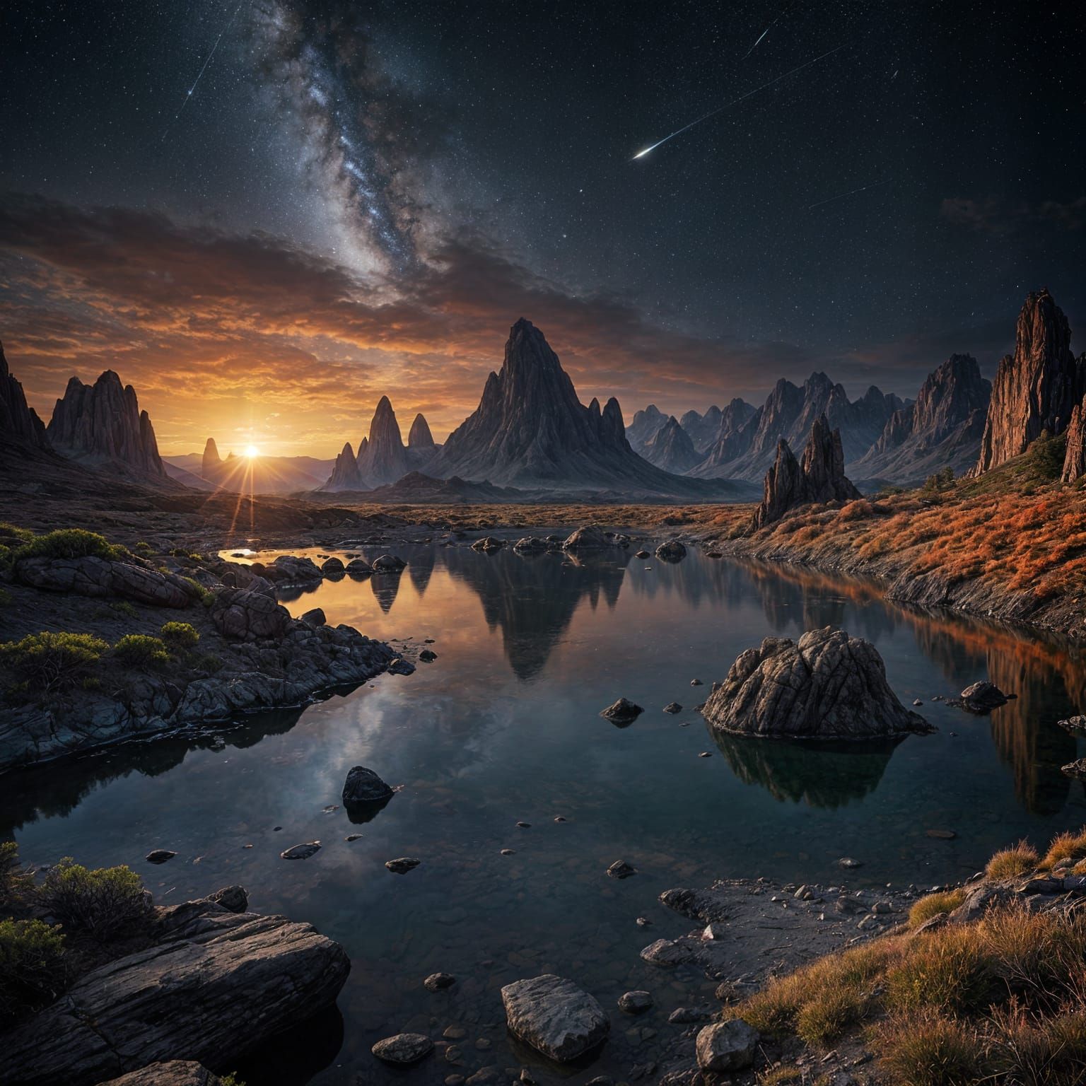 Dramatic Alien World with Blazing Red Planet and Glowing Wat...