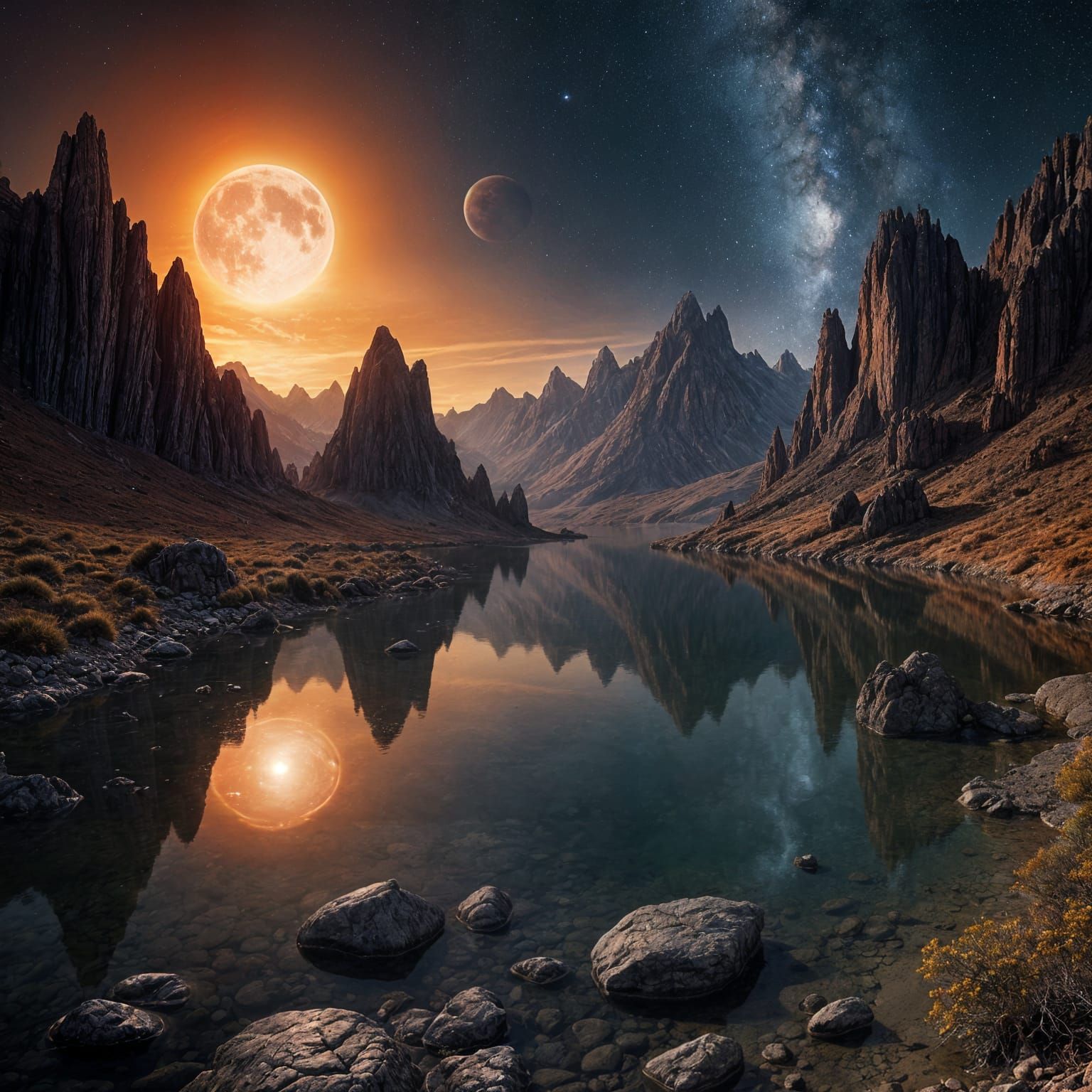 Surreal Red Planet Landscape with Glowing Water and Towering...