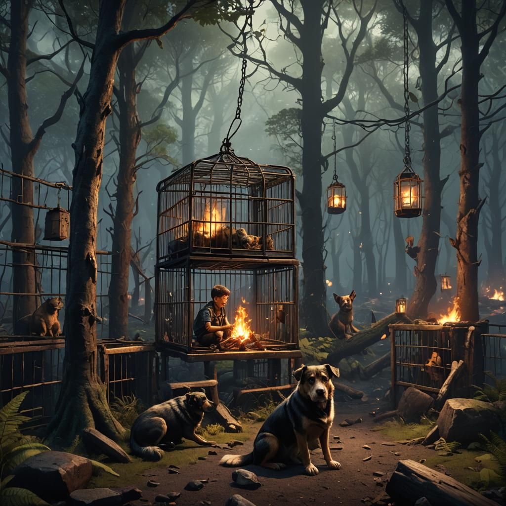 Boy and Dog Trapped in Forest Cages