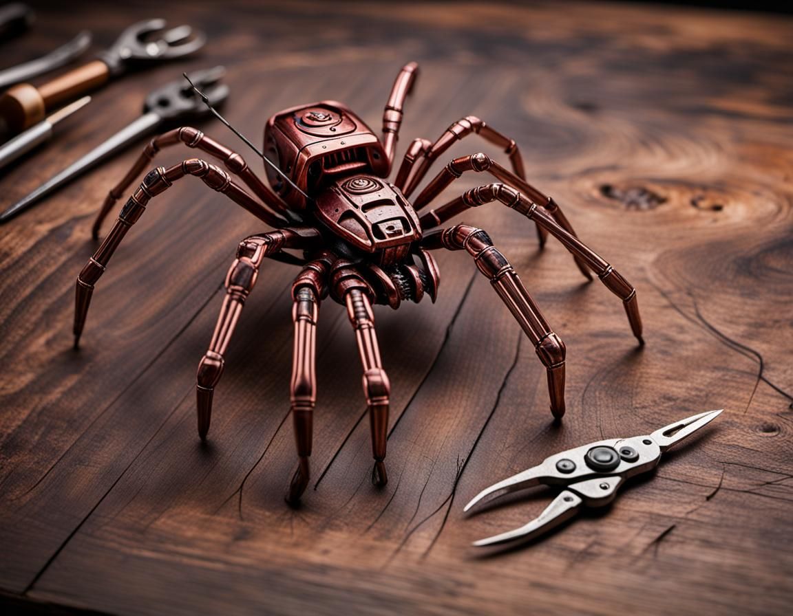 Disassembled Copper Mecha-Spider on Pine Table