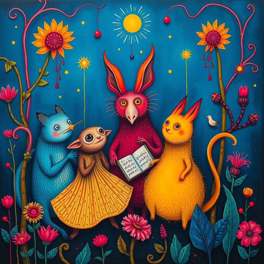 Surreal Gouache Creatures Singing in a Dreamlike Scene