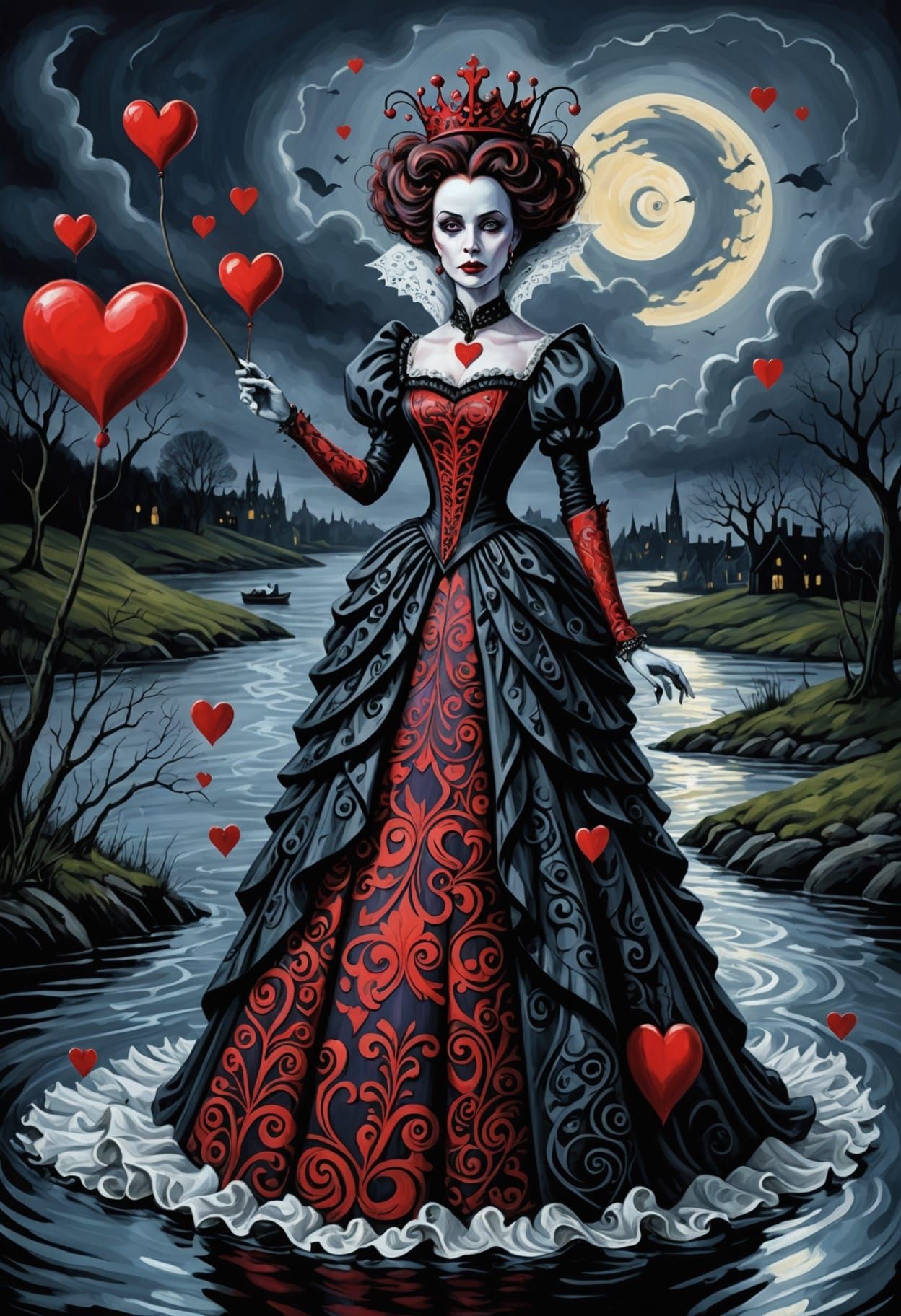 Queen of Hearts on Thames in Tim Burton Style