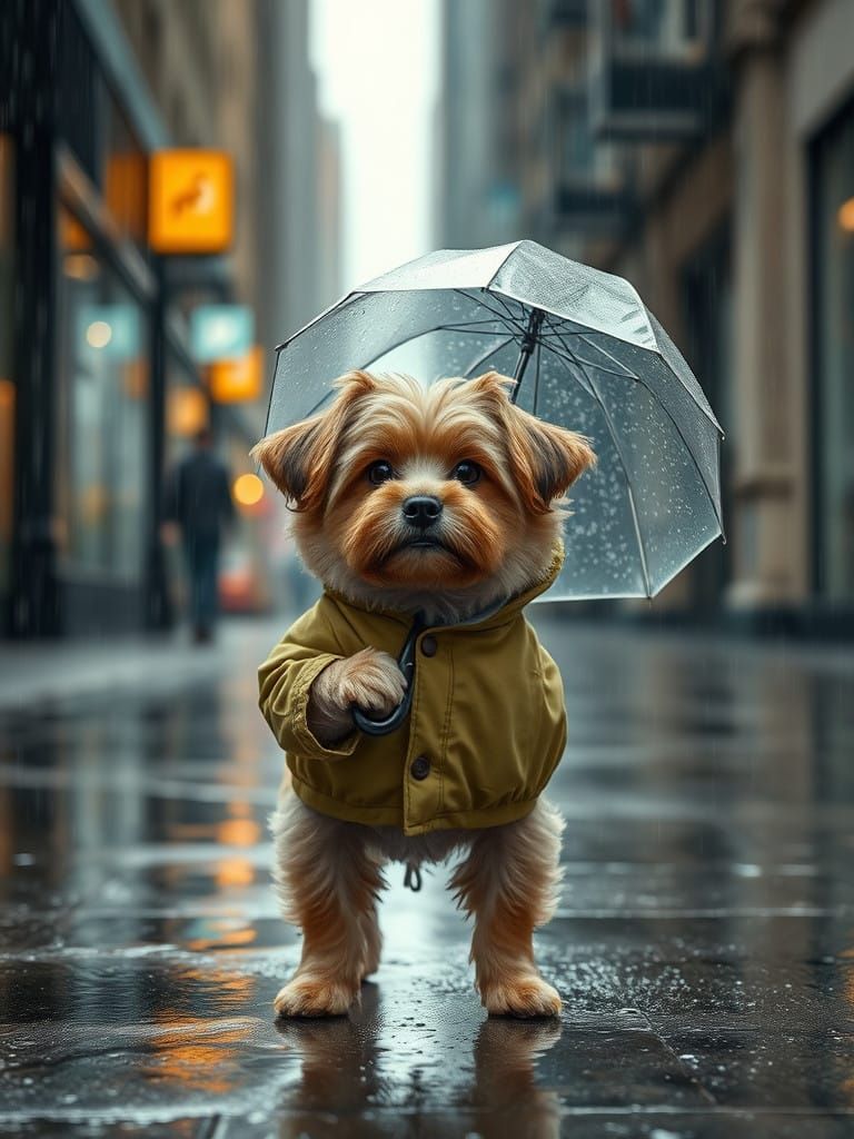 Surrealistic City Dog Stands in Rainstorm