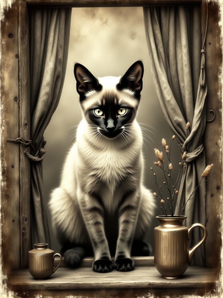 Old Grey Siamese Cat in Window - Daguerreotype Style