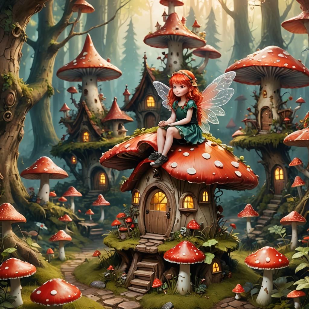 Red-Haired Fairy on Fly Agaric House