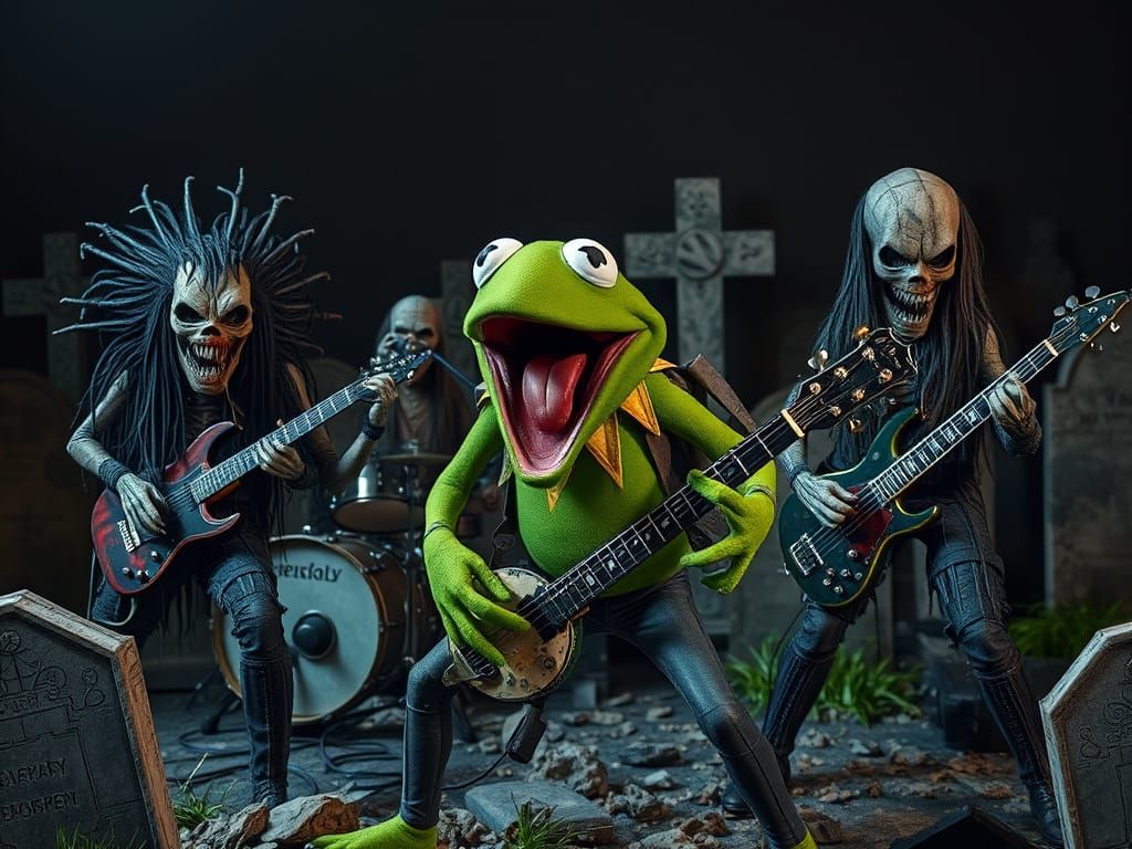 Horror Frog Band Rocks Graveyard: Hyperrealistic Photo