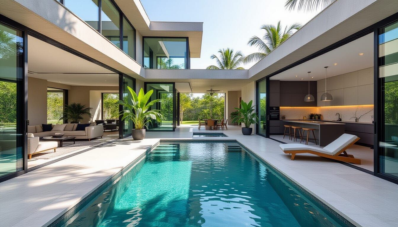 Patio interno di una moderna casa ad due piani con pareti di...