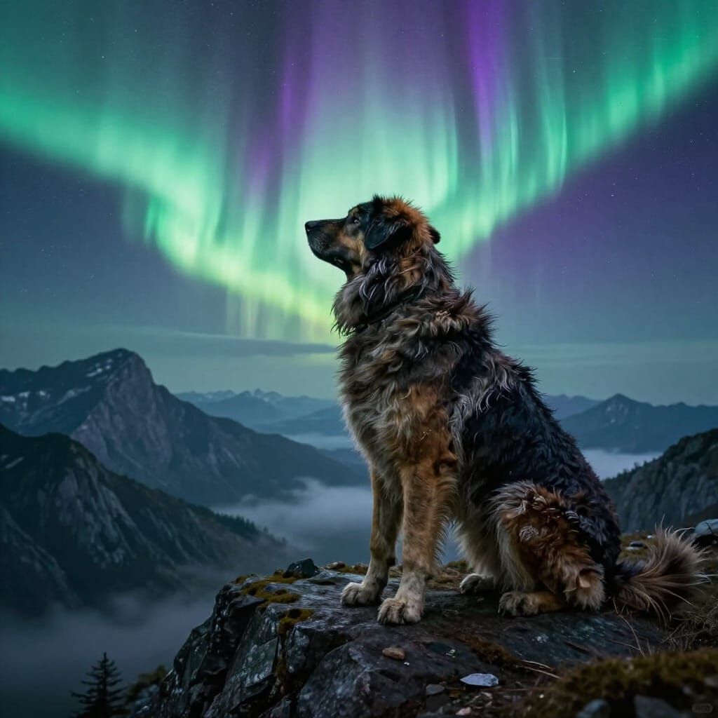 Ancient Dog on Mountain Peak Under Aurora Borealis