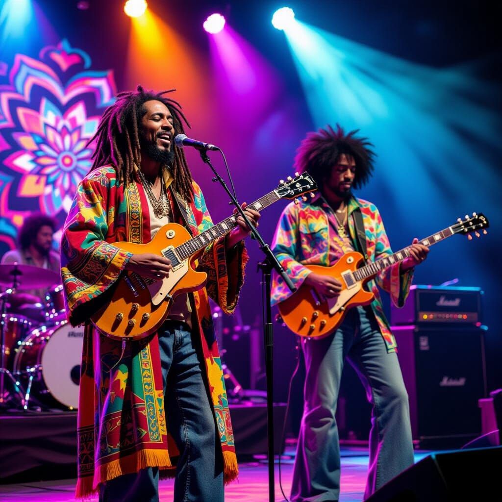 Posterized Reggae Performance with Psychedelic Guitarist