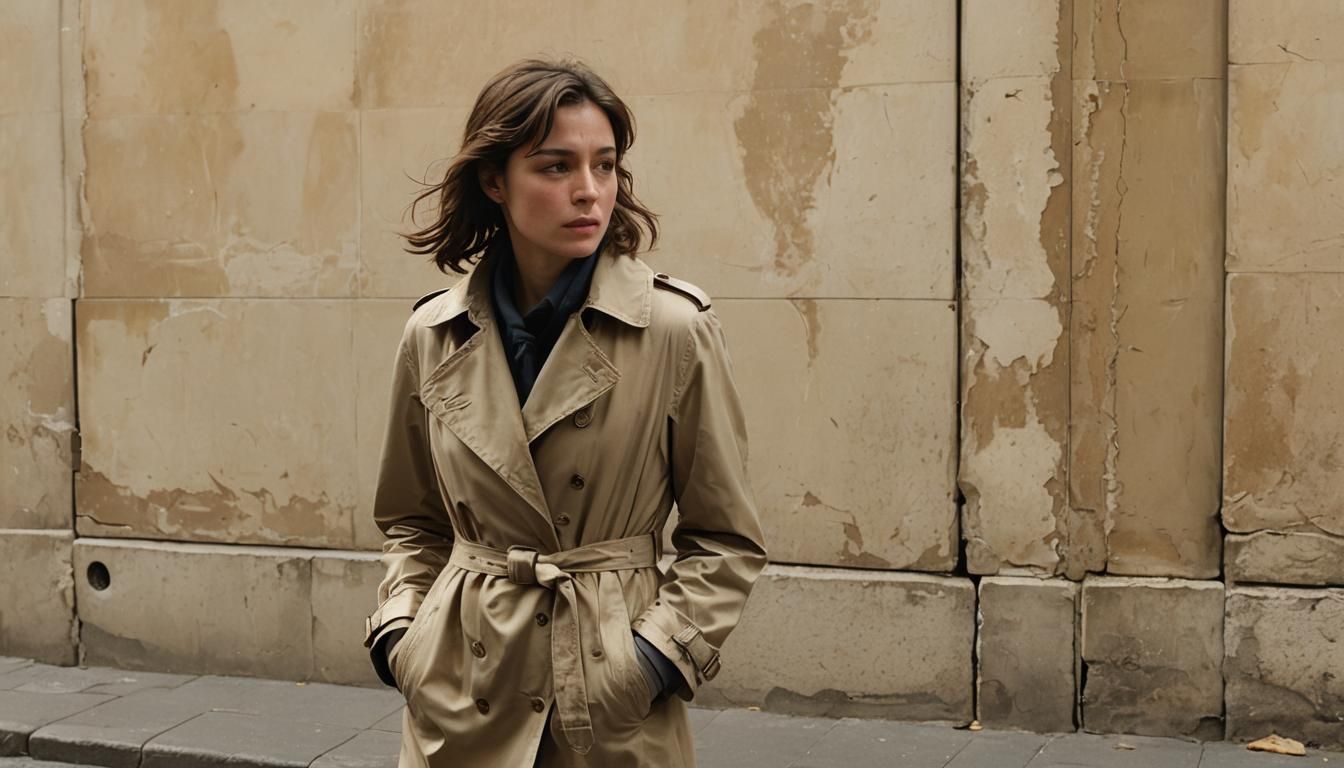 Woman in Paris Street After Rain in Golden Light