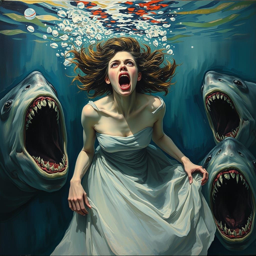 Frightened Woman Surrounded by Jaws in Neo-Impressionist Sty...