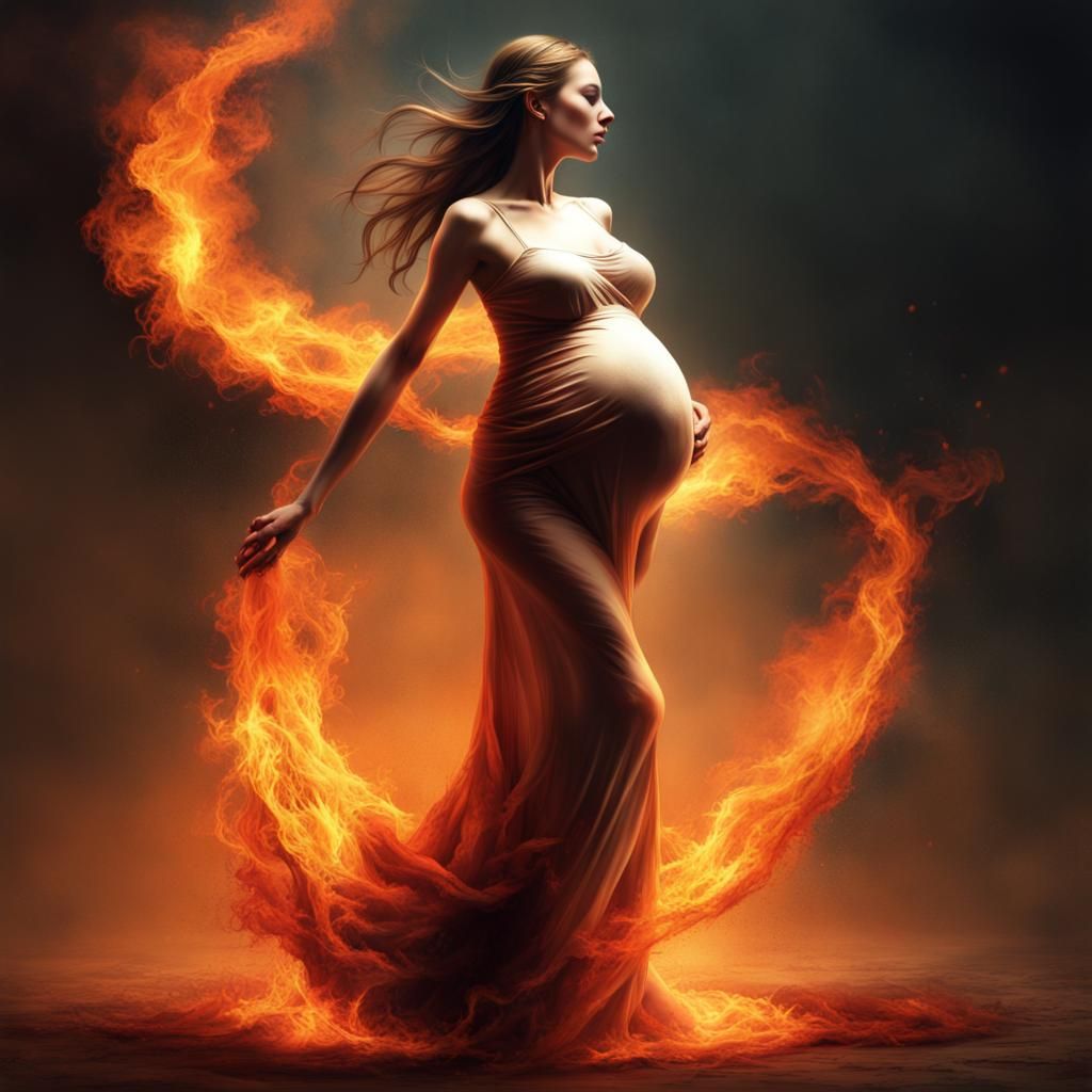 Joyful Pregnant Woman Dancing in Fire