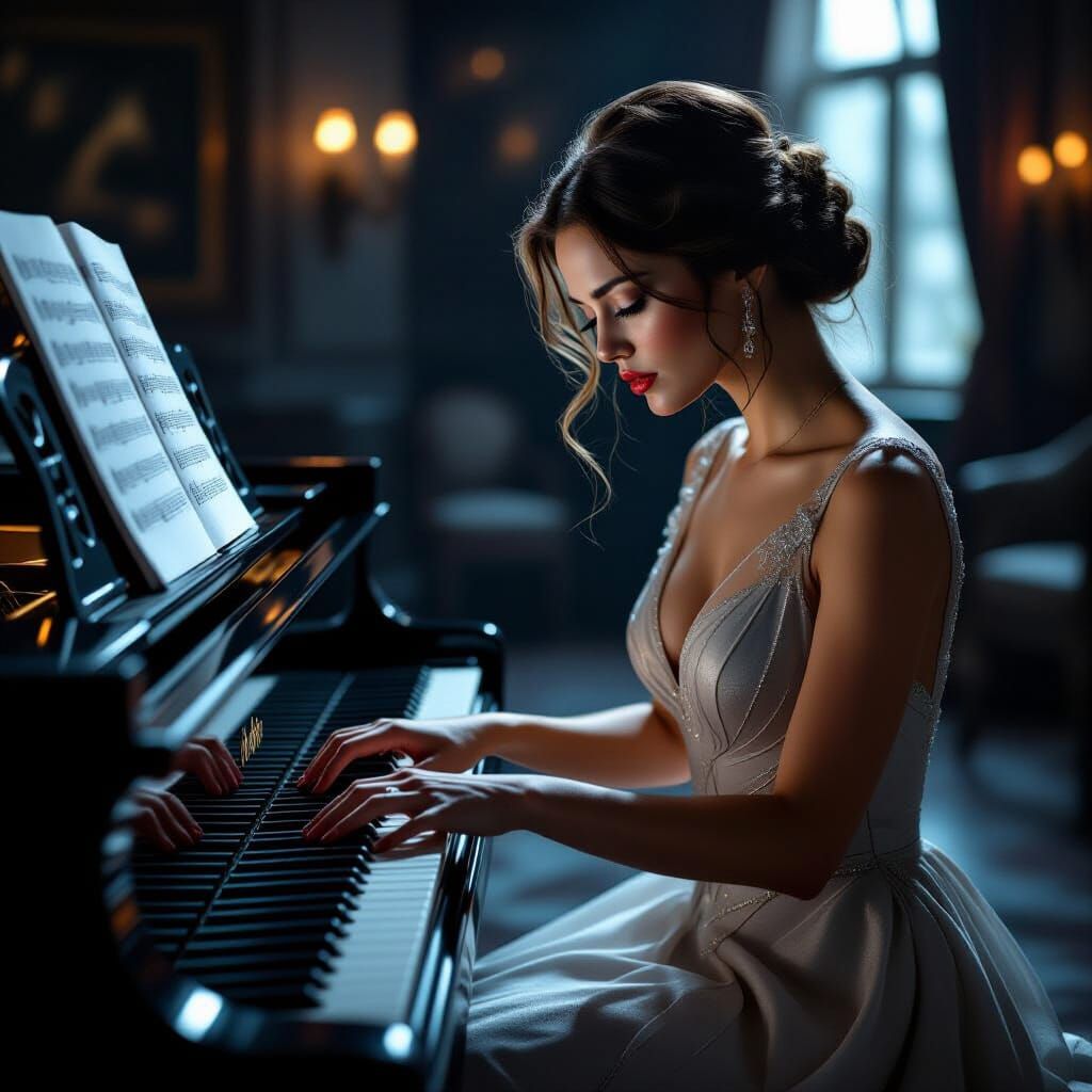 Woman Playing Piano in Dimly Lit Room