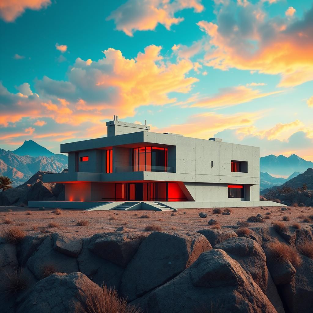 Brutalist House with Dreamlike Sci-Fi Backdrop