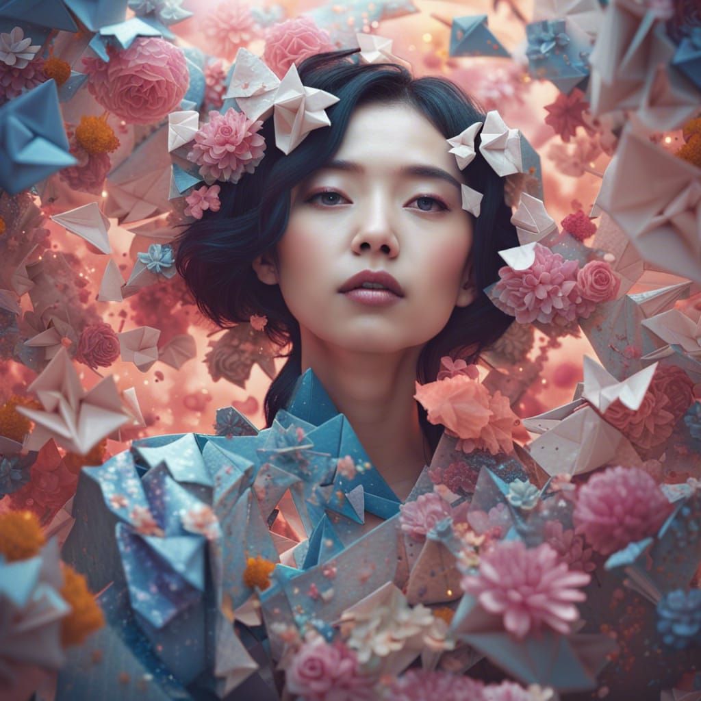 Korean Woman in Origami World, Hyperdetailed Portrait