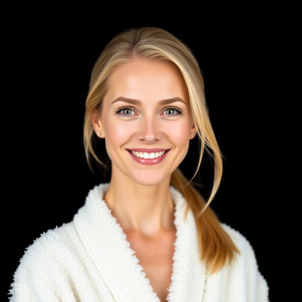 Radiant Woman in White Robe Studio Portrait