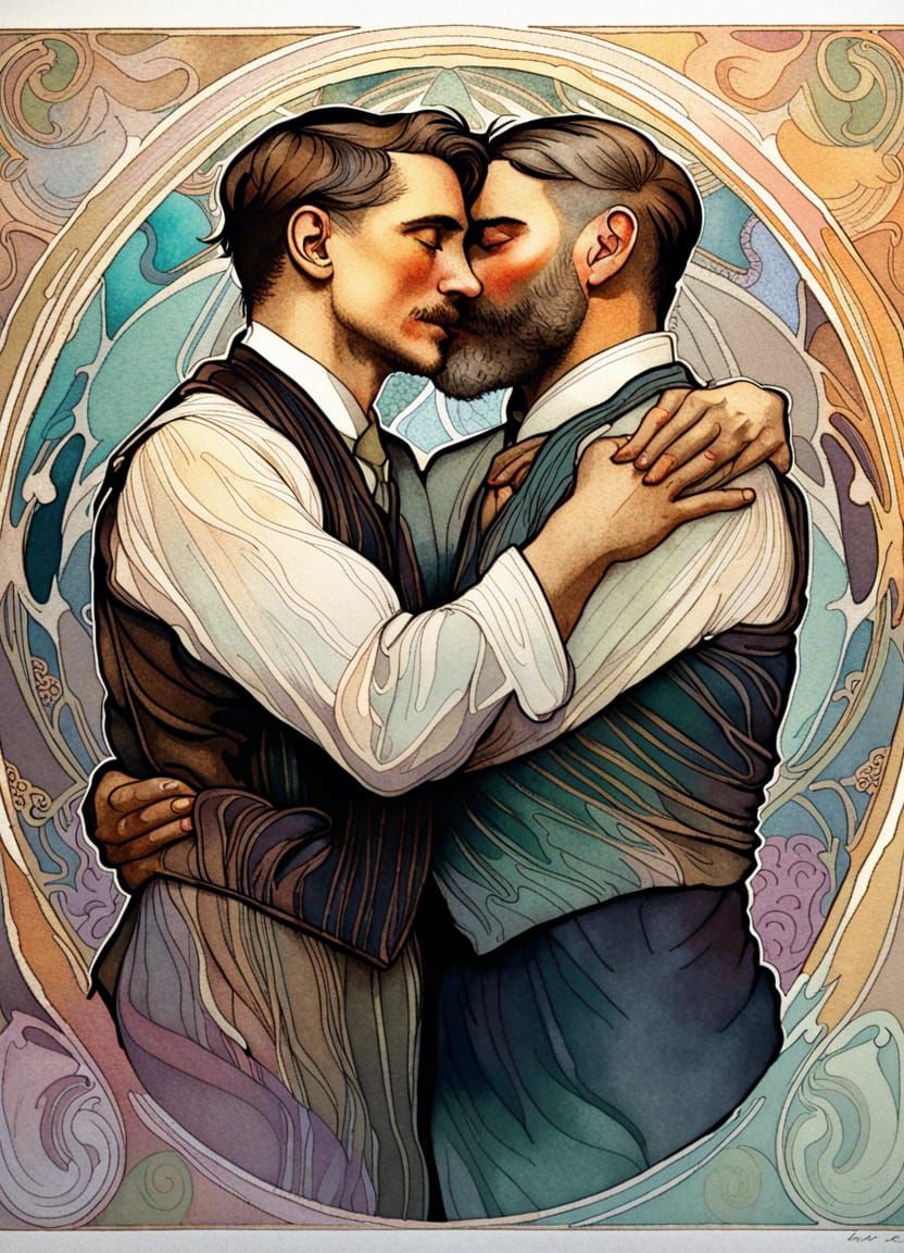 Mesmerizing Men Embrace: Art Nouveau Watercolour Portrait