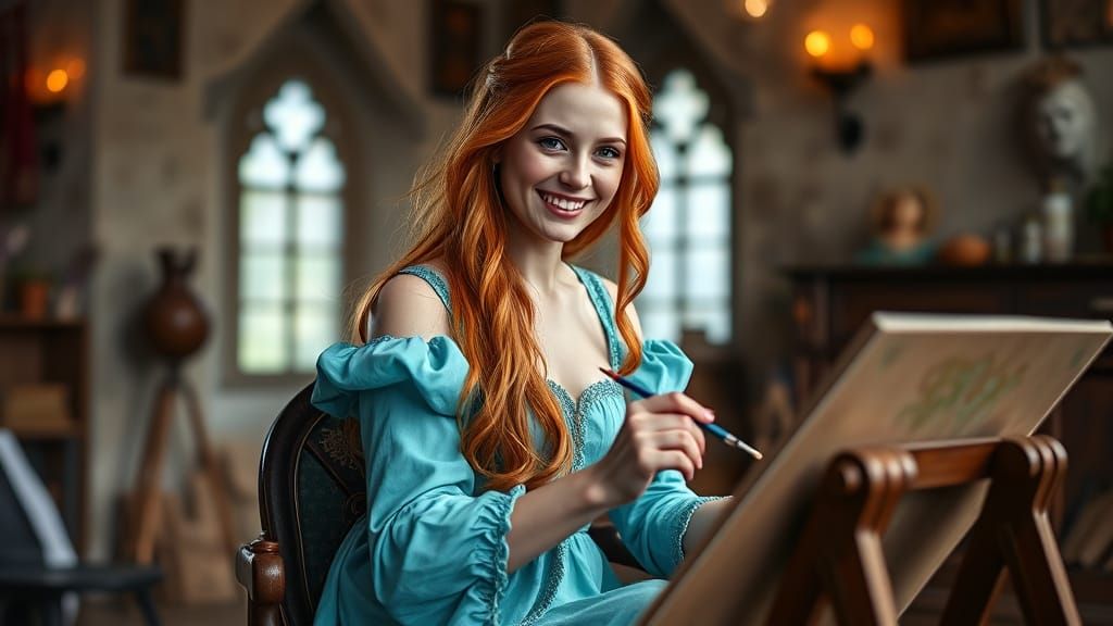Medieval Princess Paints in Elegant Dress