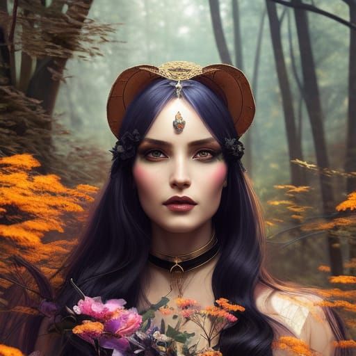 Pandora Witch between Spring Flowers and Autumn Leaves