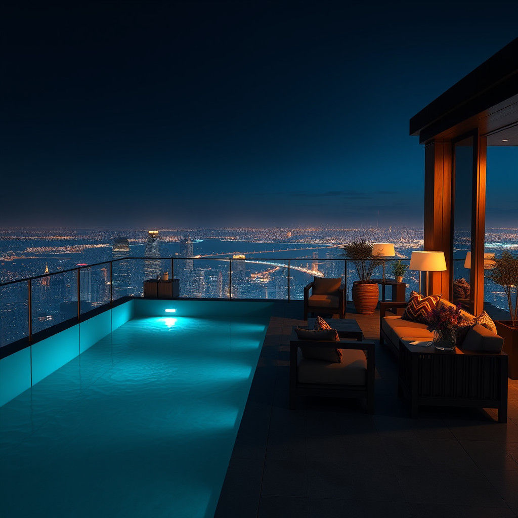 Lavish Penthouse Terrace at Night in Matte Painting Style