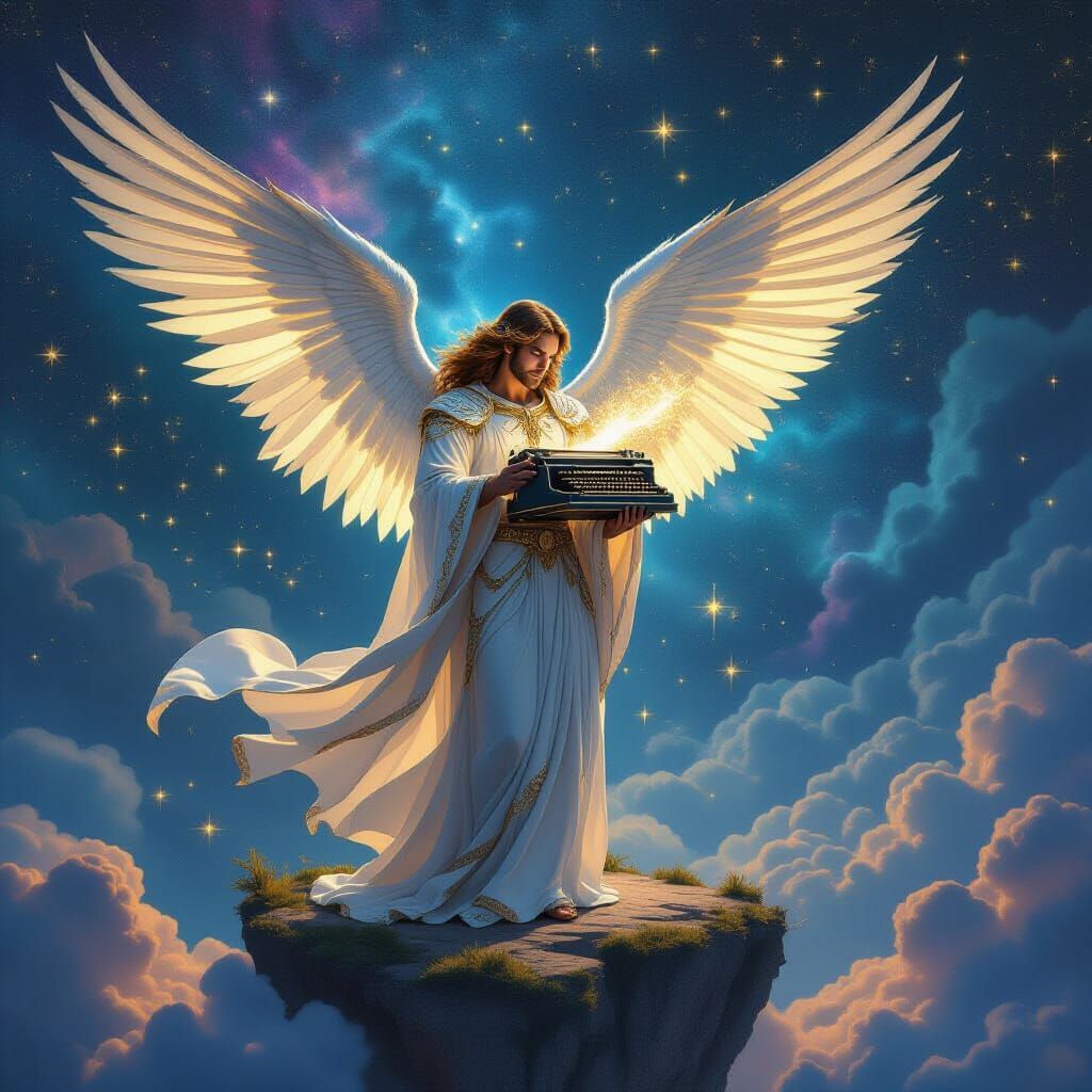 Angel Man on Floating Island with Cosmic Typewriter