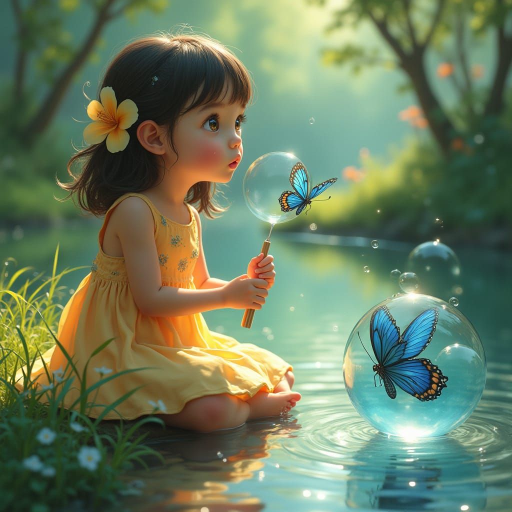 Girl Traps Butterfly in Bubble, Vibrant Colors