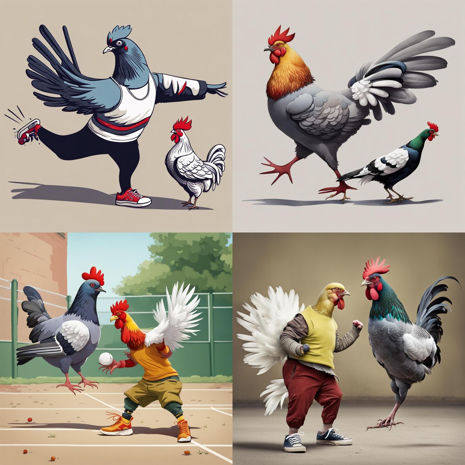Pigeon in Sneakers Versus Rooster in Pants