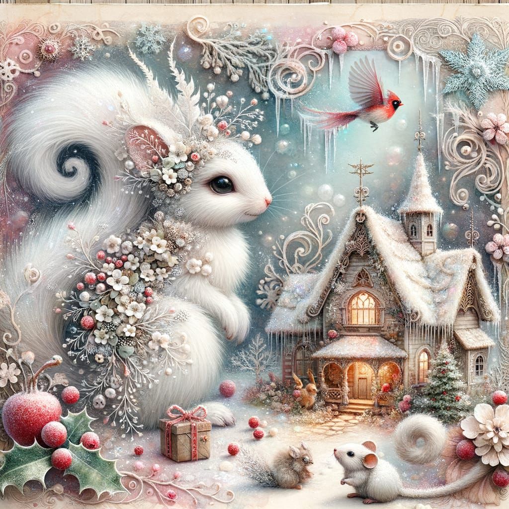 Enchanting Winter Squirrel with Flowers and Cottage