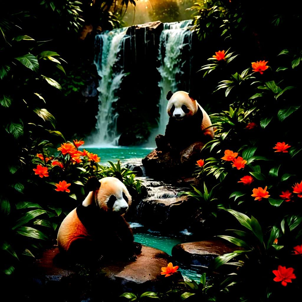 Adorable Panda in Waterfall Forest: Cinematic Film Still