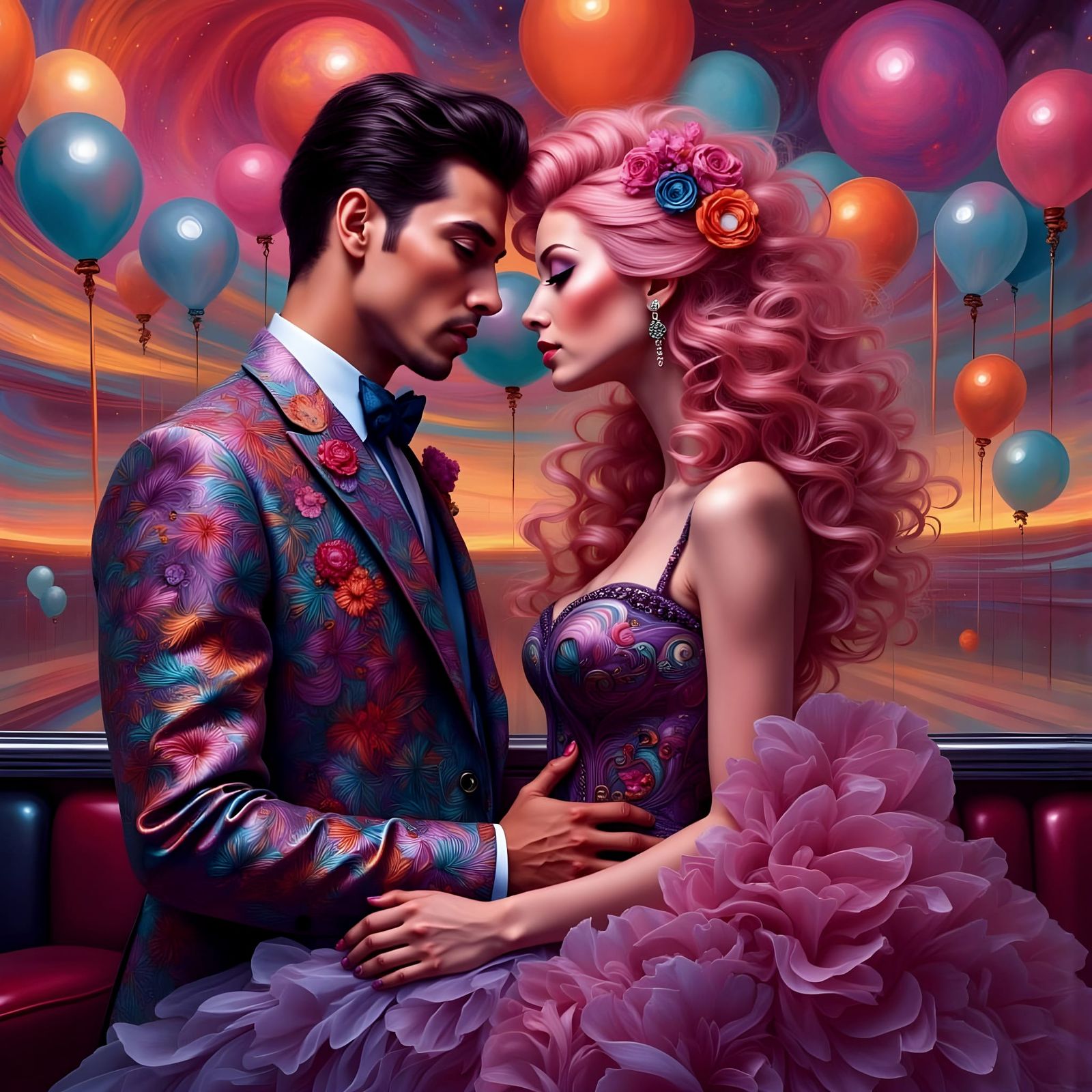 Elegant 1960s Woman in Vibrant Pink Hair and Psychedelic Bow...