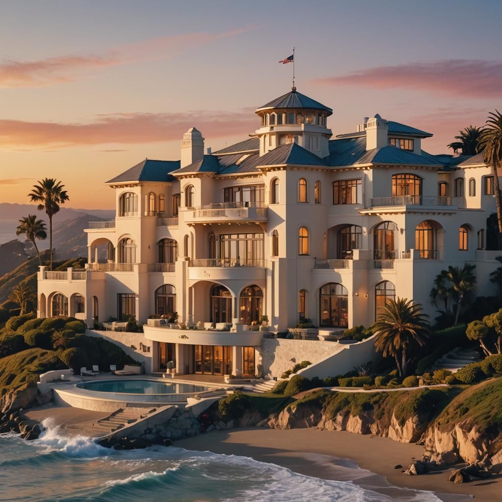 Art Deco Manor Overlooking Pacific at Sunset
